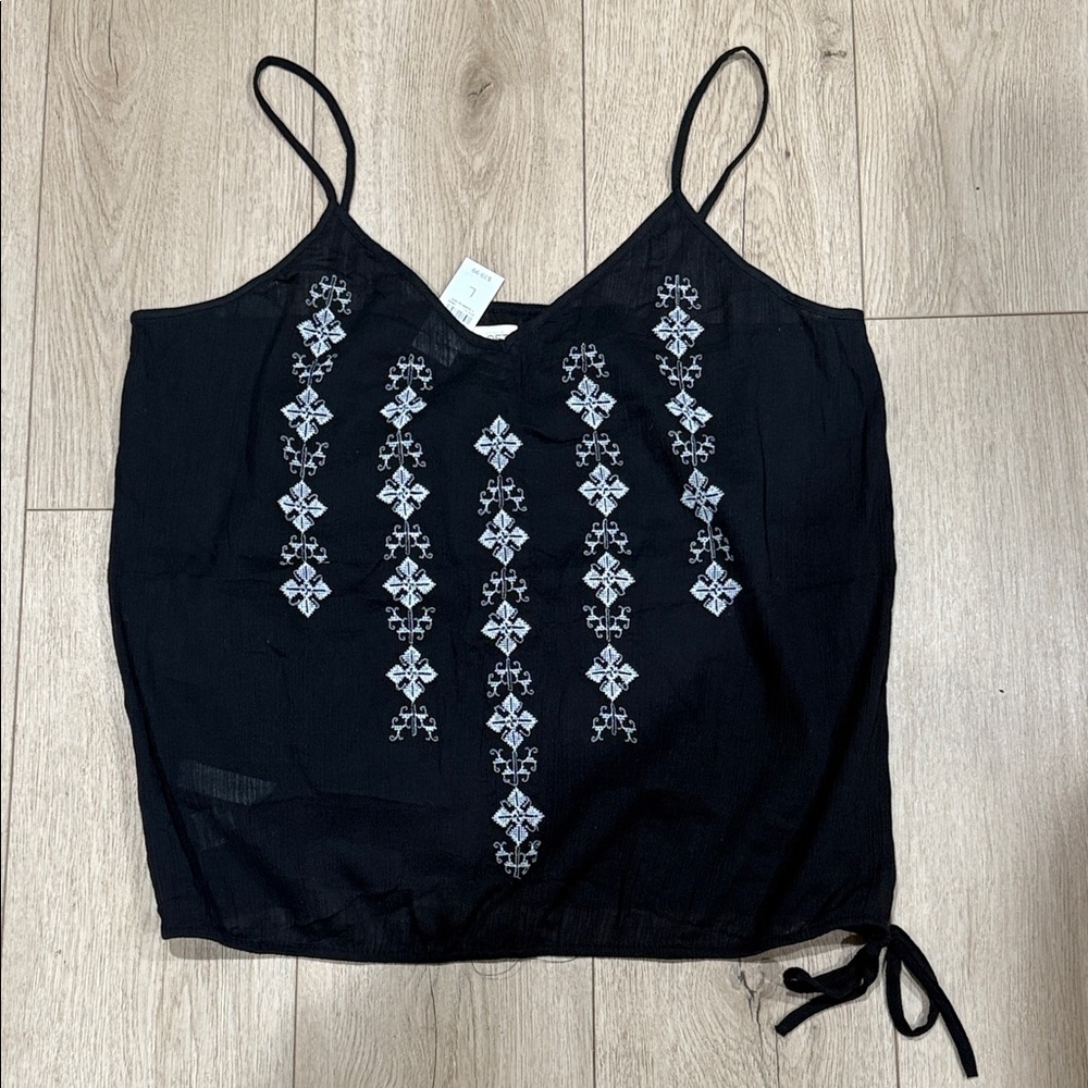 LOFT Black White embroidered Cami Camisole Tank L, Gauze lightweight NEW!